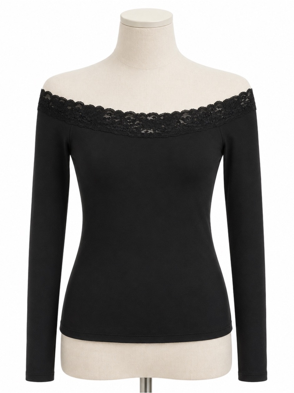 PINK Victoria's Secret Black Off-Shoulder Lace Trim Long Sleeve Tee
